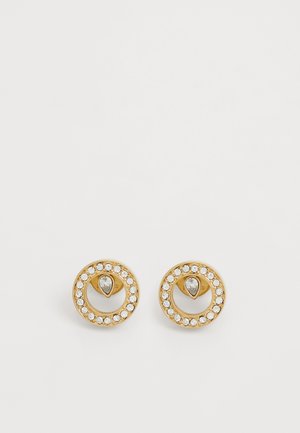 Gold circular earrings featuring a center teardrop design surrounded by a ring of small, clear crystals. Smooth, polished metal finish.