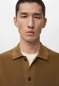 Polo marrone lavorata a maglia con colletto e due bottoni scuri, indossata sopra una maglietta crema. Design semplice, colore uniforme e tessuto testurizzato.