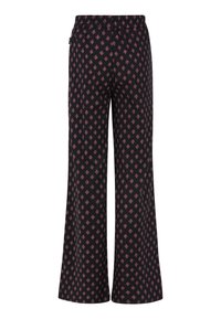 Zwarte wijde broek met een patroon van kleine roze diamantvormige figuren; elastische tailleband; textiel met structuur.