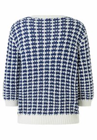 Strickpullover mit einem navyblauen und weißen Muster, der eine lockere Passform und weite Ärmel hat. Der gerippte Halsausschnitt und Saum verleihen Textur.
