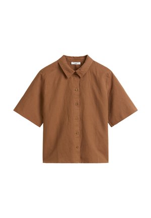 Braunes Kurzarm-Hemd mit Knopfleiste, spitzem Kragen und sieben Knöpfen vorne, aus leichtem Stoff gefertigt.