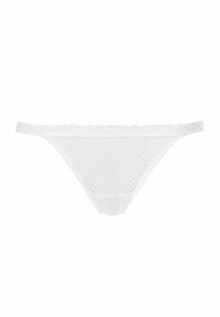 White lace thong with a chevron pattern, featuring a scalloped waistband and thin straps, designed for minimal coverage.
