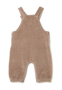 Braune Corduroy-Latzhosen mit breiten Trägern, elastischen Bündchen und einer weichen Textur. Das Design verfügt über einen abgerundeten, offenen Saum für ein einfaches An- und Ausziehen.