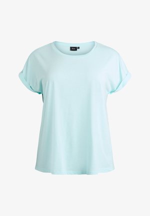 Hellblaues T-Shirt mit kurzen Ärmeln aus weichem Stoff, mit legerer Passform und umgeschlagenen Ärmeln. Einfacher Rundhalsausschnitt mit Logoschild.