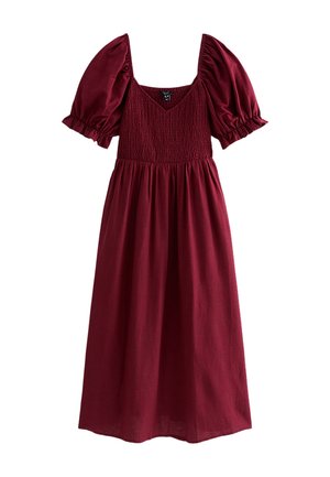 Bordeaux midi-jurk met sweetheart halslijn, gerimpeld lijfje en opgeblazen korte mouwen met elastische manchetten.
