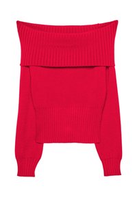Roter Pullover mit Carmenausschnitt, geripptem Hals- und Saumabschluss. Verfügt über lange Ärmel und ein kurzes Design. Weiches Strickmaterial.