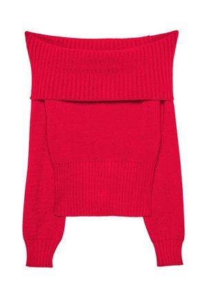 Rdeč pulover z igrivim izrezom čez ramena, rebrastim izrezom okoli vratu in obrobo. Dolgi rokavi in skrajšan kroj. Narejen iz mehke pletenine.