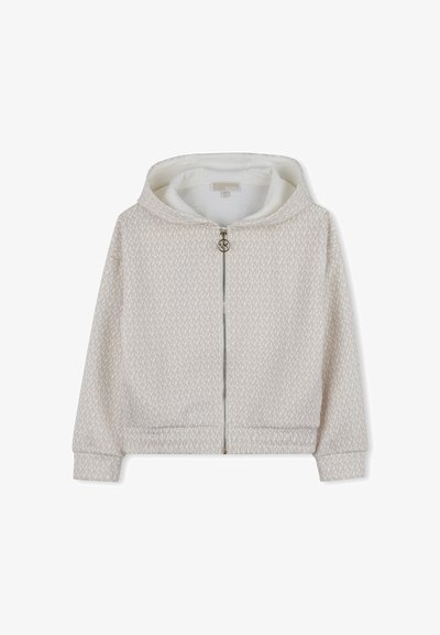 Světlé béžové mikinové tričko s opakujícím se vzorem loga MK, zapínání na zip a měkký, texturovaný povrch. Má kapuci a elastické manžety.