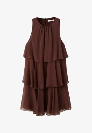 Ärmelloses, mehrlagiges braunes Chiffonkleid mit rundem Ausschnitt und Knopfverschluss am Rücken, mit fließenden, gestuften Volants.