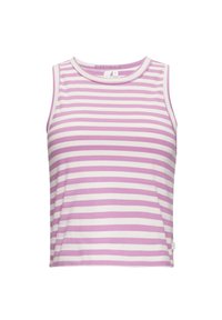 Débardeur sans manches avec des rayures horizontales roses et blanches, décolleté rond, et petite étiquette de taille sur le col et la couture latérale.