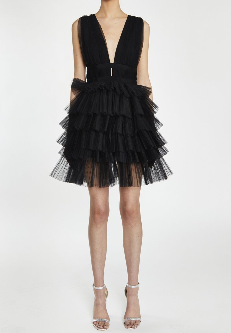 True Decadence ELLE PLUNGE-FRONT TIERED MINI - Cocktailjurk - black