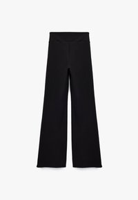 Schwarze, weit geschnittene Hosen aus weichem Stoff, mit einem hohen, elastischen Bund und ohne sichtbare Nähte oder Taschen.