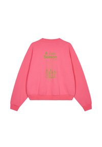 Veľká ružová mikina s okrúhlym výstrihom a rebrovanými manžetami. Na zadnej strane je zelený text "A Love Season" a grafický dizajn s postavami.