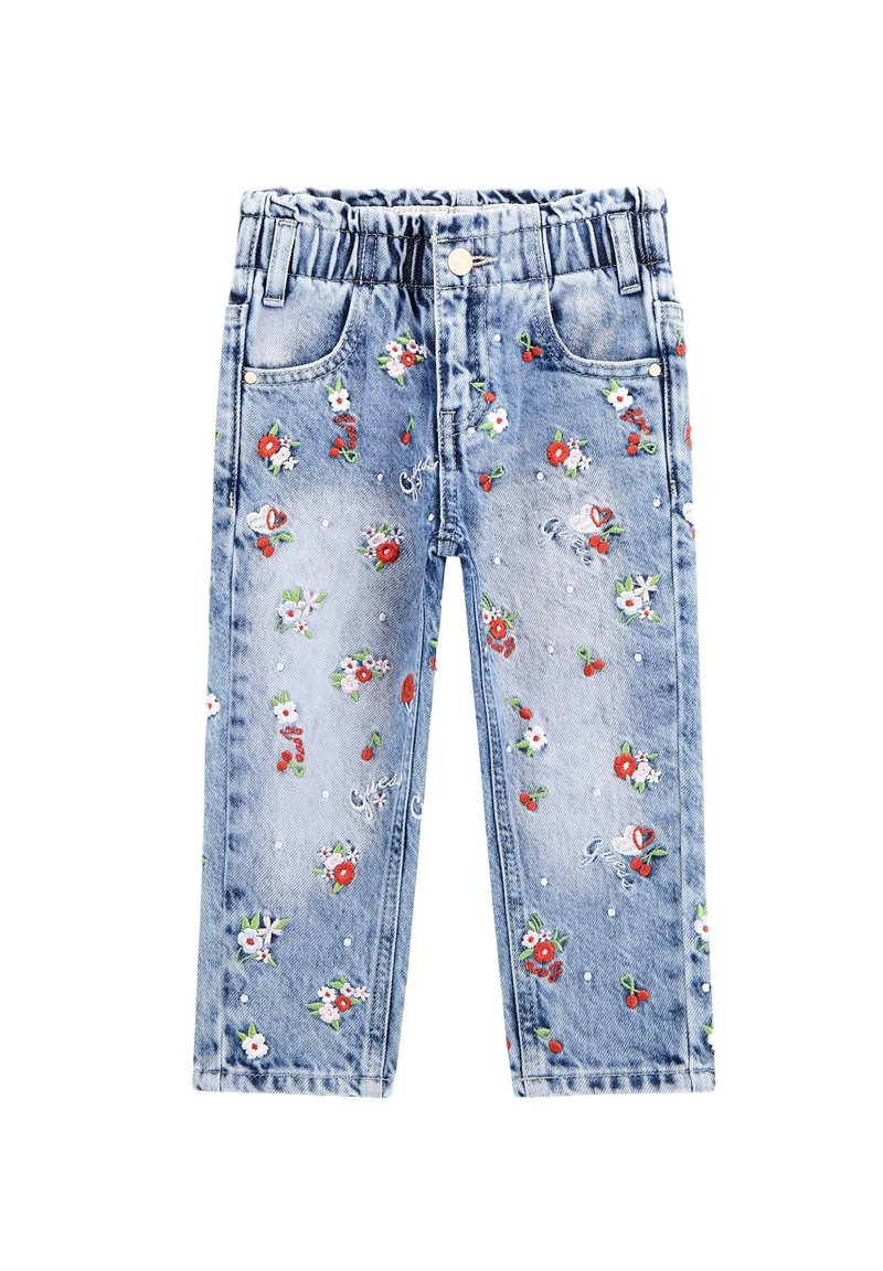 Jeans de denim azul claro con cinturilla elástica, con bordados florales en rojo y blanco, y detalles de cuentas dispersas.
