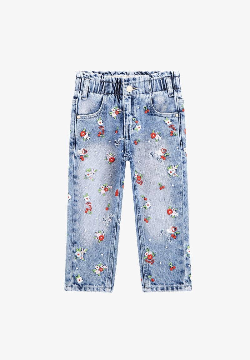 Jeans de denim azul claro con cinturilla elástica, con bordados florales en rojo y blanco, y detalles de cuentas dispersas.
