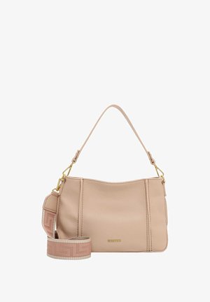 Borsa in pelle beige morbida con lati strutturati, dettagli in metallo color oro e tracolla con motivo decorativo. Dotata di manico superiore e tracolla regolabile.