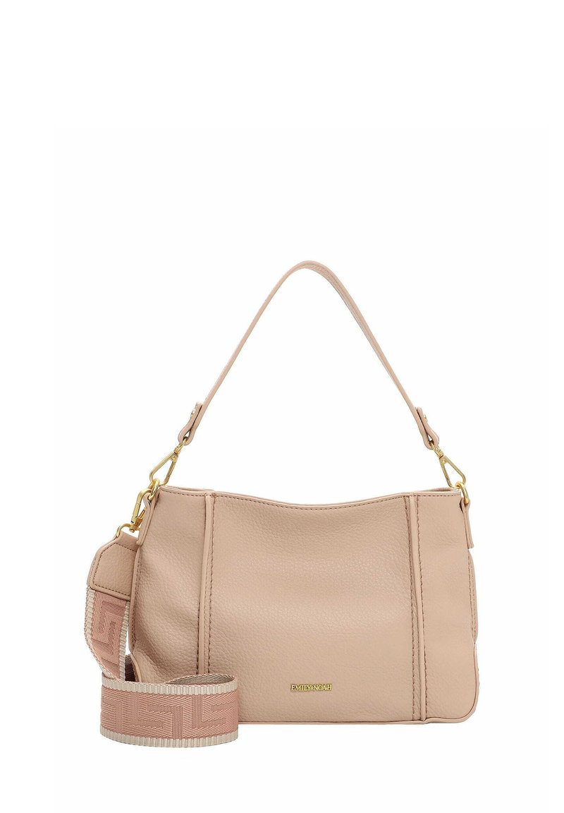 Pehme beež nahast kott, millel on struktureeritud küljed, kuldse tooniga riistvara ja mustriline rihm. Varustatud ülemise sangaga ja reguleeritava õlarihmaga.