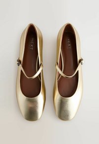 Zapatos planos Mary Jane metálicos dorados con punta redondeada, suela plana y una correa con una hebilla plateada alrededor del tobillo. Forro interior marrón.