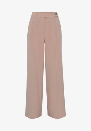 Kerge roosa kangast laia jalaga püksid, millel on sile tekstuur. Omab kõrget vöökohta ja ühte dekoratiivset nuppu ees.