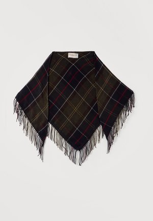 Tume tartan-ruuduline sall narmastega servade ja Barbouri sildiga valgel taustal.