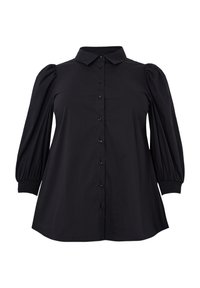 Zwarte blouse met een kraag, opbollende driekwartmouwen, knopen aan de voorkant en elastiek bij de mouwuiteinden. Soepele, lichte stof.