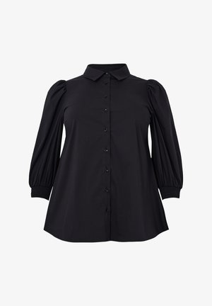 Schwarzes Shirt mit kragenförmigem Ausschnitt, puffierten Dreiviertelärmeln, Knopfleiste und elastischen Ärmeln. Glattes, leichtes Gewebe.