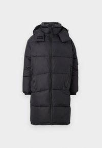Black long padded coat with high collar, hood, front zipper, side zip pockets, and HUGO logo on upper left chest.