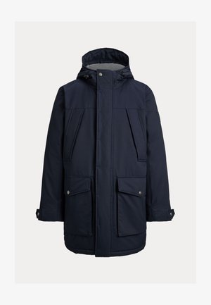 Marineblå isoleret parka-jakke med hætte, flere frontlommer og justerbare manchetter. Glat tekstur og holdbart stofdesign.