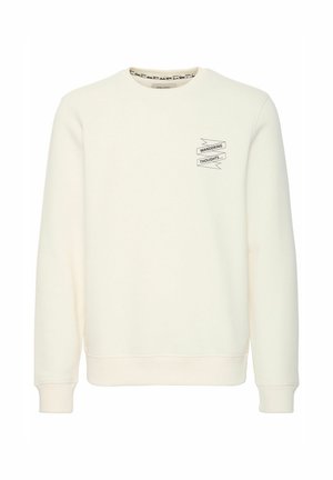Lys cremefarvet sweatshirt med lange ærmer, rund halsudskæring, elastiske manchetter og kant. Har et broderet tekstdesign på brystet.