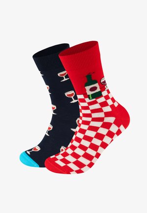 Skarpetki w granatowym wzorze z kieliszkami do wina oraz czerwonym kratkowanym wzorem z butelką wina, wykonane z miękkiego materiału, z kontrastującymi kolorami palców.