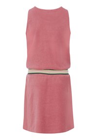 Roze mouwloos jurkje van zacht materiaal, met een bijpassende tailleband met groene en zwarte strepen en een gestructureerde afwerking.