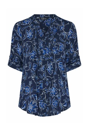 Marineblaue Bluse mit Knopfleiste und hochgekrempelten kurzen Ärmeln, verziert mit einem durchgehenden weißen und blauen Blumenmuster.