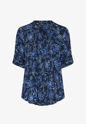 Camicia blu navy con bottoni, maniche corte arrotolate, decorata con un motivo floreale bianco e blu su tutta la superficie.