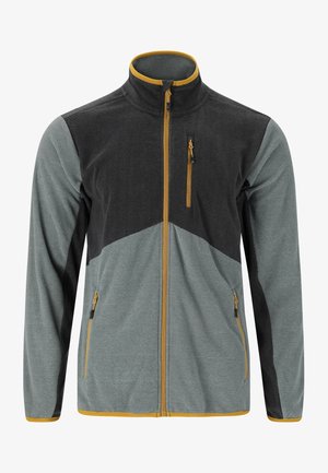 Fleecetröja med en svart övre del och ljusgrå nedre del, med hög krage, två blixtlåsfickor fram och gula detaljer.