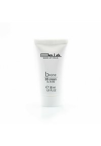 Tubetto di plastica bianca con un tappo rigato, etichettato "Belé b-one BB cream ALL IN ONE," contenente 30 ml, con finitura opaca.
