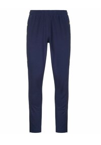 Pantalones deportivos de color navy con cintura elástica, piernas ajustadas y puños con cremallera. Fabricados con un tejido suave y detalles laterales amarillos.