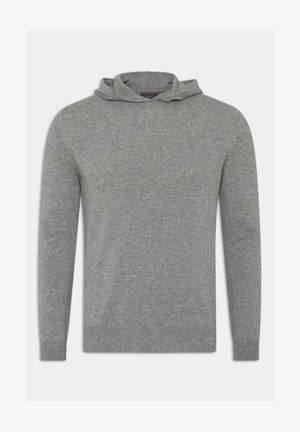 Szara bluza z kapturem z miękkiego materiału, z sznurkiem do regulacji, długimi rękawami oraz ściągaczami na mankietach i dole dla ciasnego dopasowania.