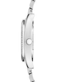 Edelstahl-Uhr mit gebürsteter Oberfläche, flachem Gehäuse, runder Krone und strukturiertem Lünette. verfügt über Metallglieder am Armband.