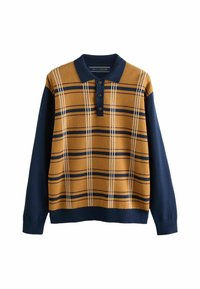 Strikket polo-sweater med sennepsfarvet krop og marineblå ærmer. Har horisontale striber i marineblå og hvid, tre-knap åbning og blød tekstur.