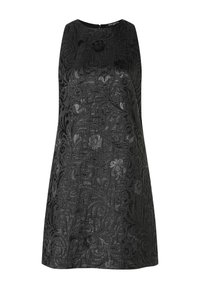 Schwarzes ärmelloses Kleid mit einem strukturierten Blumenmuster. Glattes Material mit einem dezenten Glanz, runder Ausschnitt und einem verdeckten Reißverschluss hinten.