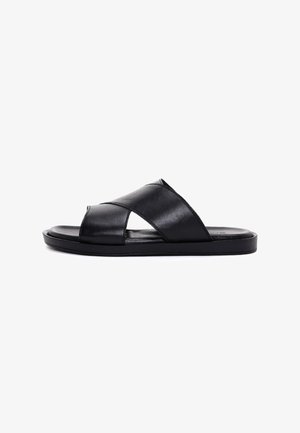 Zwarte leren slidesandalen met gekruiste banden, platte zool en een gladde textuur. Het open teenontwerp verhoogt de ademend vermogen.