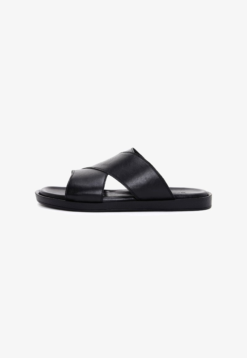 Black leather slide sandals with crossed straps, flat sole, and smooth texture. Open toe design enhances breathability.