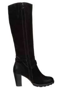 Botte noire montant en cuir synthétique texturé, avec une fermeture éclair latérale, un talon épais et des coutures contrastantes le long des seams.