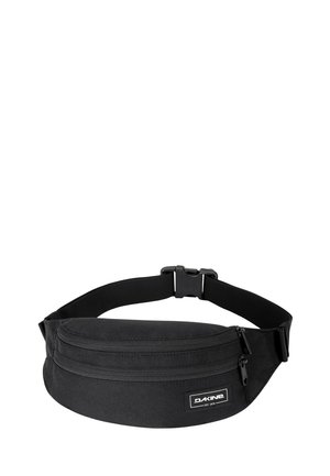 Black fabric waist bag with two zippered compartments and adjustable strap with plastic buckle, brand label "Dakine" on front.