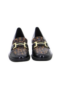 Pair of black patent leather loafers with leopard print fabric inserts and gold-tone decorative buckles on a white background.