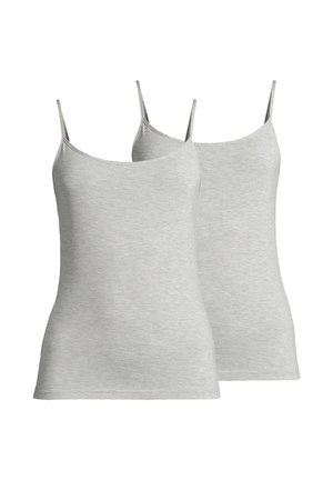 Due canottiere semplici di colore grigio chiaro senza maniche, con sottili spalline, mostrati su sfondo bianco.