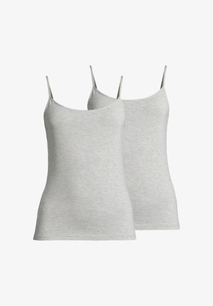 Deux débardeurs simples gris clair sans manches avec fines bretelles, présentés sur fond blanc.