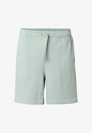 Lysegrønne elastiske shorts med snørre foran og enkelt kantdetalje, vist mod en hvid baggrund.