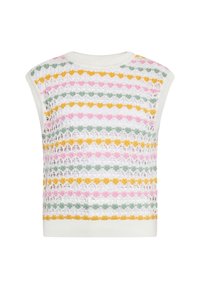 Top senza maniche lavorato a maglia con strisce multicolori in rosa, giallo, verde e bianco. Tessuto a trama aperta con scollo e orlo a coste.