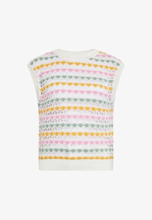 Strick-Ärmelloses Oberteil mit mehrfarbigen Streifen in Pink, Gelb, Grün und Weiß. Offenes Gewebe mit geripptem Halsausschnitt und Saum.